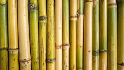 Detailed Close Up of Green and Yellow Bamboo Stalks Forming a Natural Wall