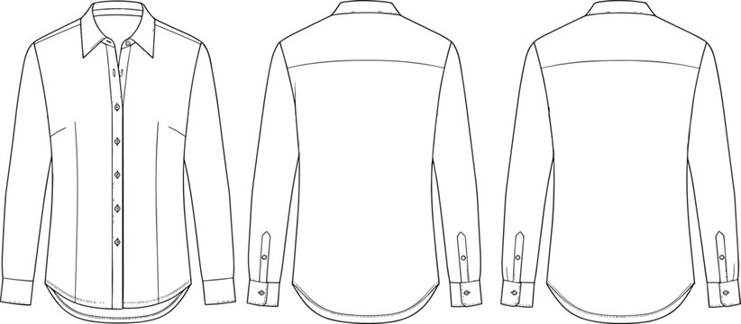 Women's shirt technical flat, long sleeve, front and back view, button down blouse design, fashion cad drawing, vector illustration