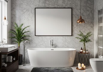 Luxurious modern bathroom interior with a white freestanding bathtub and a blank horizontal poster frame for mockup. Contemporary design with marble walls, plants, and elegant lighting.