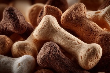 Close-up of dry dog food biscuits shaped like bones, creating an appealing background for pet-related content