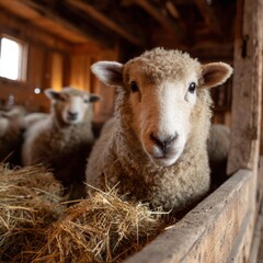 Fototapeta premium Close-Up of a Sheep in a Rustic Barn Surrounded by Hay