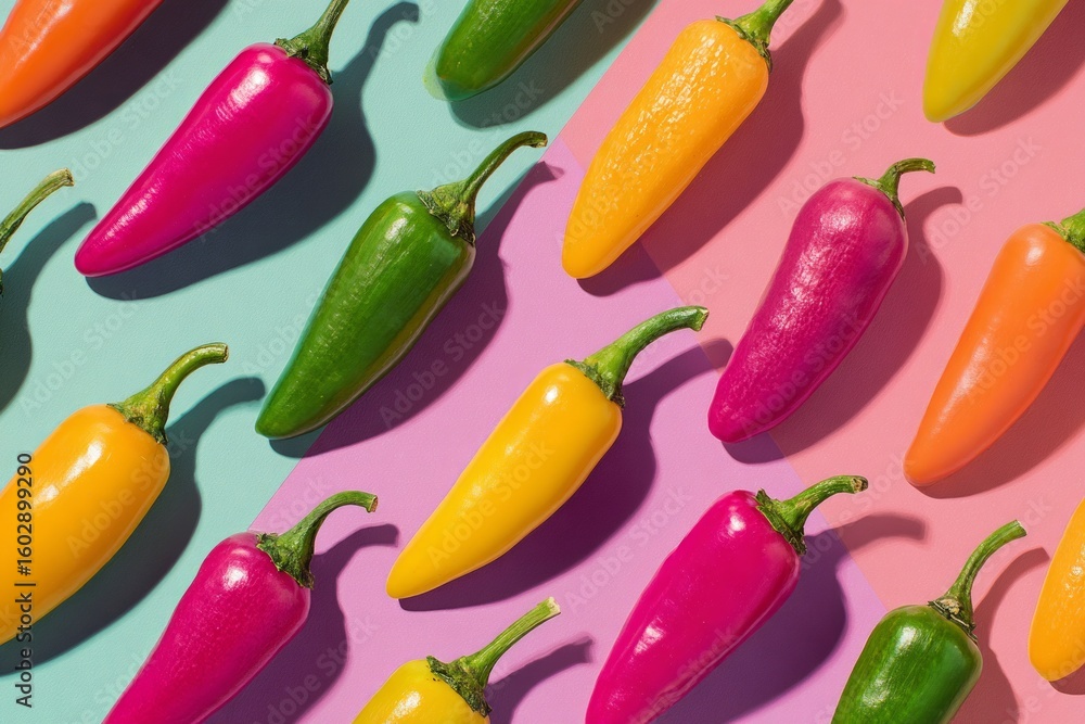 Poster colorful jalapeno peppers creating a vibrant and visually appealing arrangement on a multicolored ba