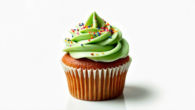 A single sweet cupcake with green buttercream frosting and multicolored sprinkles is isolated on a white background. Suitable for bakery menus, dessert promotions, or food blog visuals.