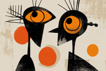 Stylised abstract figures with spiky hair and large orange eyes in conversation