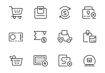 Set of twelve black outline icons related to shopping and finance on a white background shopping cart