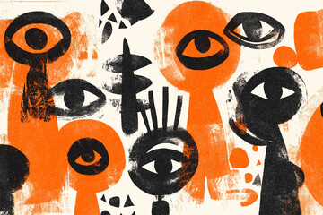 Abstract pattern of stylised eyes in orange and black on textured background