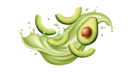 Avocado Slices Floating Over Green Splash with Transparent Background Realistic Illustration
