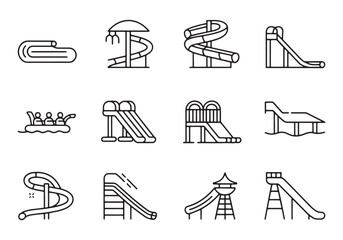 Set of water slide icons and water raft with people water park