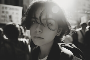 Moody portrait of young woman with short hair and soft sun flare behind