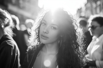 Young woman with curly hair in backlight among a busy street crowd