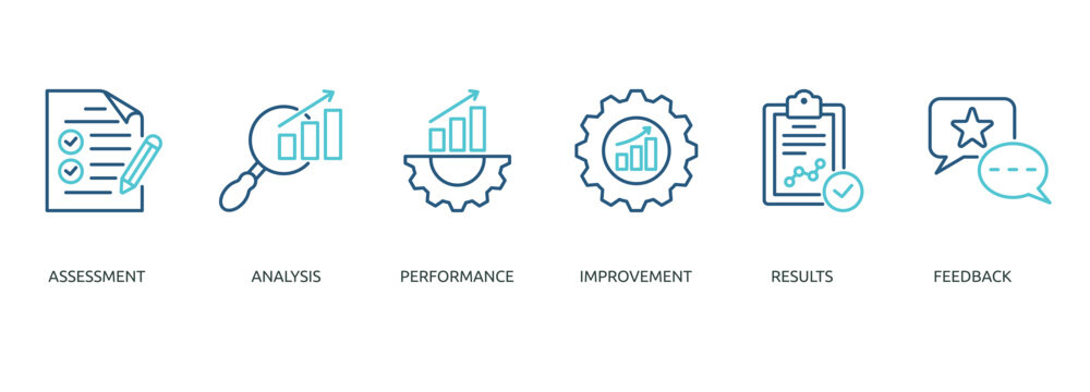 evaluation outline color banner icon of assessment, analysis, performance, improvement, results, feedback