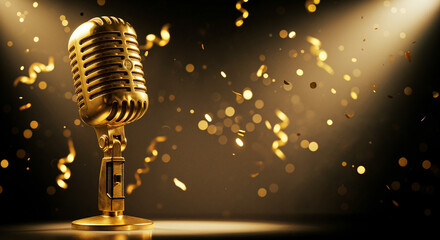Golden microphone music award with sparkling confetti and spotlight on clean background.

