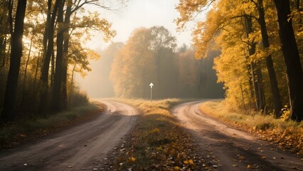 Obraz premium A serene autumn road winding through a forest with golden leaves and soft sunlight filtering through the trees.
