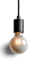Interior lighting bulb design with modern pendant light with amber bulb glow with black cord,  elegant pendant light for industrial decor, black and gold pendant light on white background. 