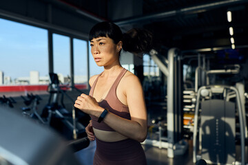 Focused Woman Exercising on a Treadmill at a Modern Gym Facility