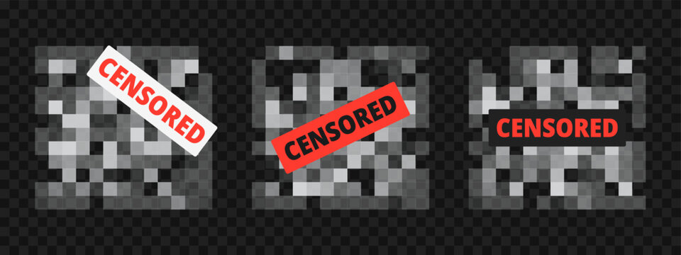 Censor bar with pixel blur mosaic pattern and background effect for sensitive content or photo. Vector screen template with digital word sign and privacy badge.