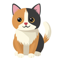 Charming vector illustration of a cute calico cat sitting with a happy expression. The tri-colored feline is depicted with bright eyes, fluffy tail, and detailed features.