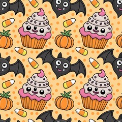 Colorful cartoon pattern featuring pumpkins, bats, and cupcakes perfect for Halloween-themed designs.