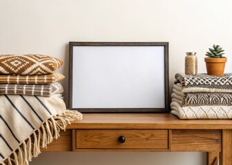 frame mockup. Cozy home decor featuring a neatly arranged wooden table with blankets, a blank frame, plant, and storage jar for a warm ambiance.