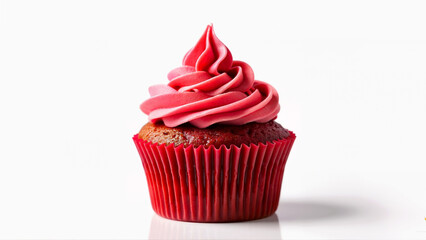 A single red cupcake with vibrant pink swirled frosting is isolated on a white background. Suitable for bakery menus, dessert promotions, or food blog visuals.