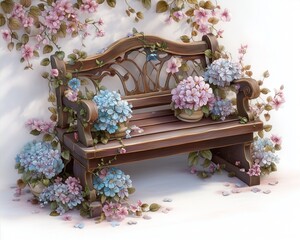 Cozy floral bench illustration with watercolor wooden bench with flowers, green foliage, cozy watercolor wooden bench illustration, pastel watercolor bench with floral decor on white background