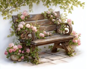 Cozy floral bench illustration with watercolor wooden bench with flowers, green foliage, cozy watercolor wooden bench illustration, pastel watercolor bench with floral decor on white background