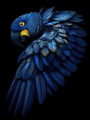 A vibrant blue hyacinth macaw, wings partially spread, is depicted against a stark black background.  Its plumage shows intricate detail and subtle gold highlights