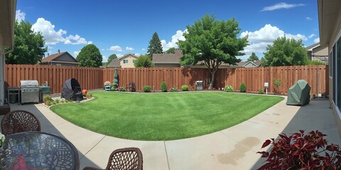 Backyard patio background panoramic wide angle view anime cartoon