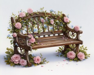 Cozy floral bench illustration with watercolor wooden bench with flowers, green foliage, cozy watercolor wooden bench illustration, pastel watercolor bench with floral decor on white background
