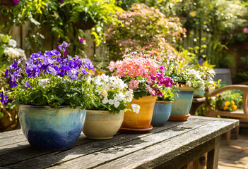 Vibrant flower pots arranged on a wooden table in a sunlit garden