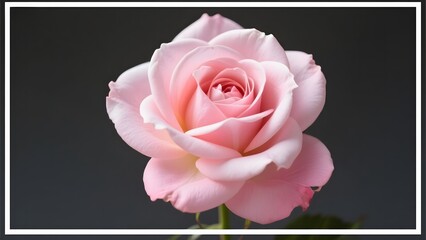 A delicate pink rose in full bloom against a dark background
