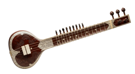 Traditional Indian musical instrument known as a sitar displayed with intricate design, transparent background, cutout PNG