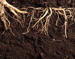 Exposed Root System Emerging from Rich Dark Soil Ground with Detailed Texture