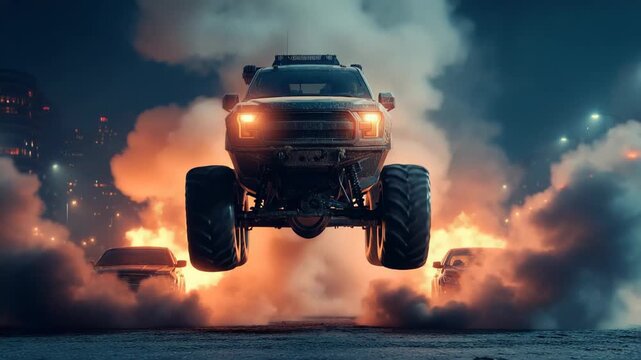 Monster truck leaps over wrecked cars amidst clouds of smoke and fire