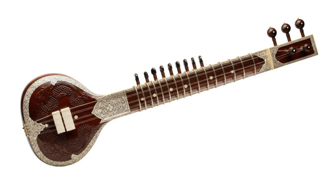 Traditional Indian musical instrument known as a sitar displayed with intricate design, transparent background, cutout PNG