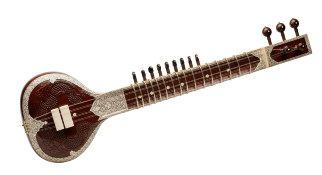 Traditional Indian musical instrument known as a sitar displayed with intricate design, transparent background, cutout PNG