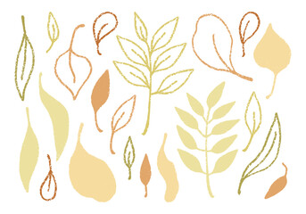Autumn leaves set of elements in minimalist style, linear and flat designs. Collection of stickers for hello autumn scrapbooking and printing.