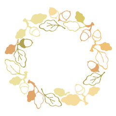 Cute linear wreath of oak leaves and acorns print. Autumn banner in a simple style. Greeting card Hello autumn.