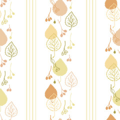 Linden leaves and stripes on a white background. Delicate minimalist vector seamless pattern. Design for paper and fabric printing.
