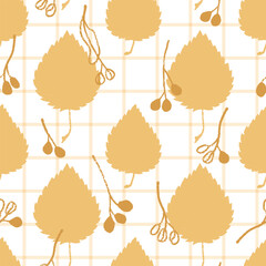 Seamless vector pattern with linden leaves and seeds in simple style. Delicate autumn vector print on white background.