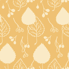 Seamless vector pattern with linden leaves and seeds in a simple style. Delicate autumn vector print on a beige background. For printing on fabric, kitchen textile, paper.