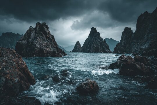 Dramatic coastal scene under a stormy sky.