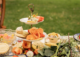 floral decorated tiered dessert stand filled with cookies, meringue, macarons, strawberries and sliced citrus fruits placed on an outdoor garden table