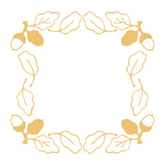 Cute linear frame of oak leaves and acorns print. Autumn banner in a simple style. Greeting card Hello autumn.