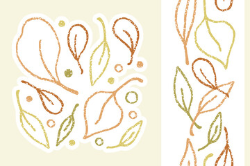 Autumn leaves on a white background. Delicate minimalist vertical seamless pattern and elements. Line vector design for paper and fabric printing.