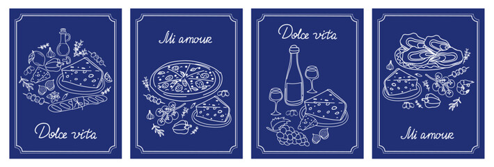 Set of four vector illustrations showcasing Italian cuisine with pizza, cheese, wine, and other delicacies.