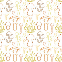 Mushrooms outline seamless pattern. Cute forest plants print. Autumn hand drawn retro vector background.