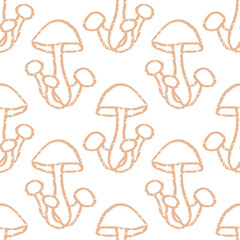 Cute mushrooms outline seamless pattern. Simple forest plants print. Autumn hand drawn retro vector background.