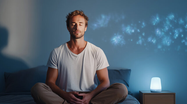 A man practices meditation techniques in a softly lit bedroom, aiming to enhance relaxation and improve sleep quality. The gentle ambiance encourages a peaceful atmosphere for hypnosis therapy.