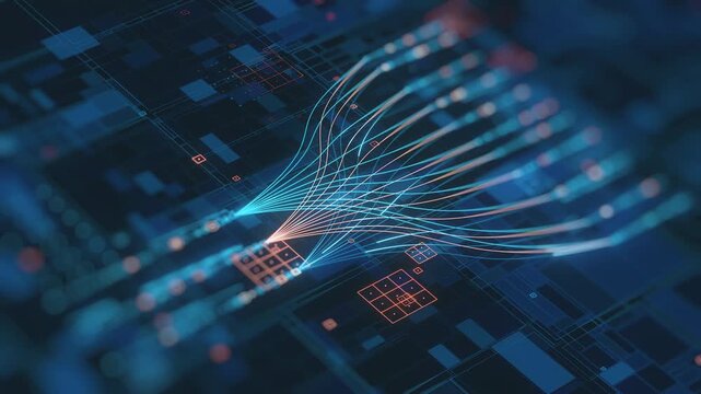 An abstract rendering depicts vast amounts of information traversing a complex, interconnected digital system, symbolizing modern technology, artificial intelligence, and global network - Powered by Adobe